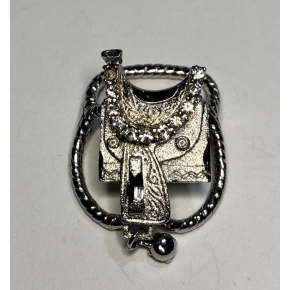Western Saddle Scarf Slide Silver Tone Rhinestone Cowgirl Cowboy Jewelry